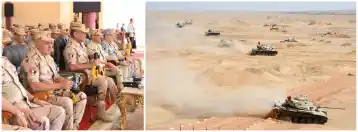 وزير الدفاع يشهد تنفيذ المشروع التكتيكى بجنود بالذخيرة الحية بالجيش الثانى الميدانى